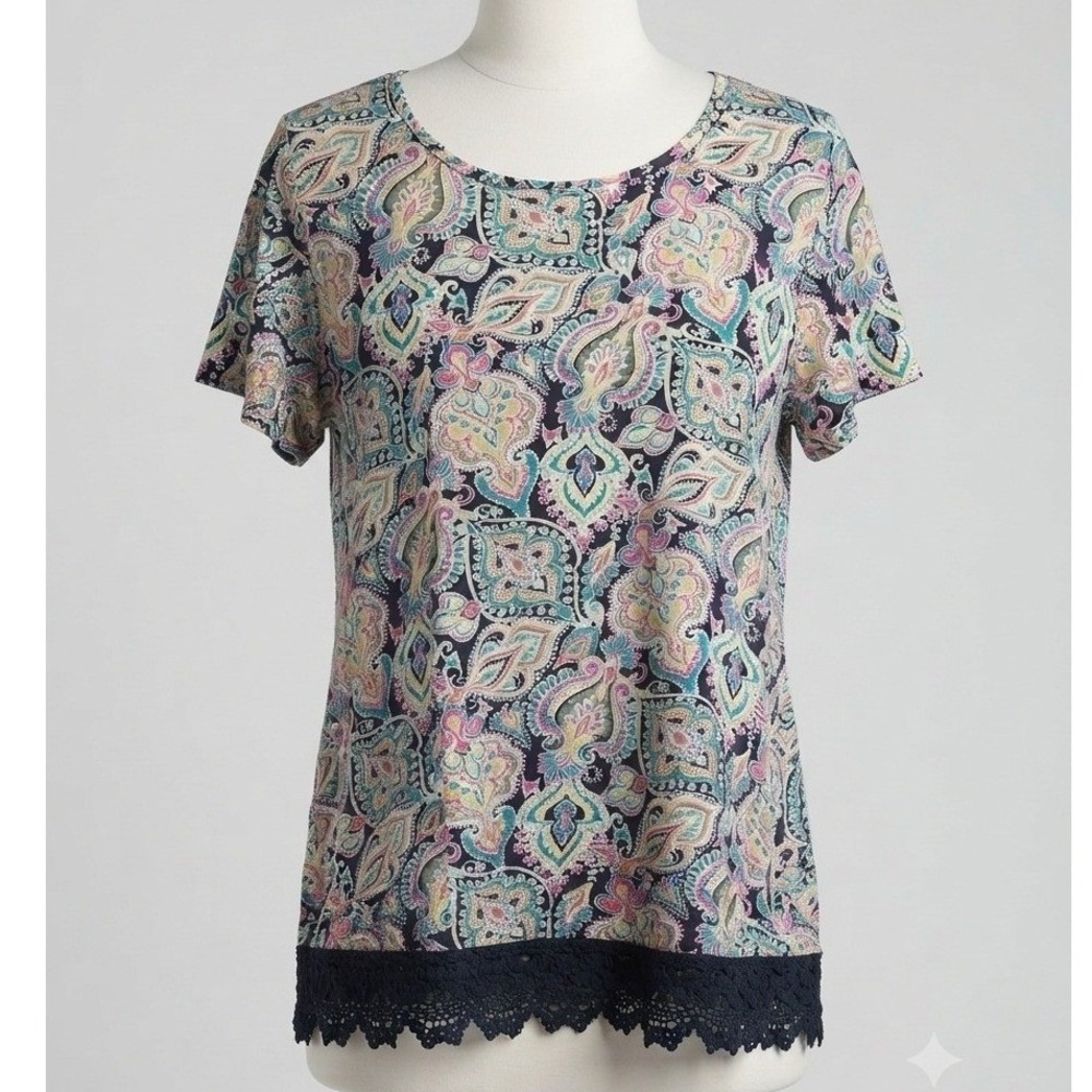 Kim Rogers Curvy Women 2X Paisley Short Sleeve Top Cotton Crochet Lace Trim Hem